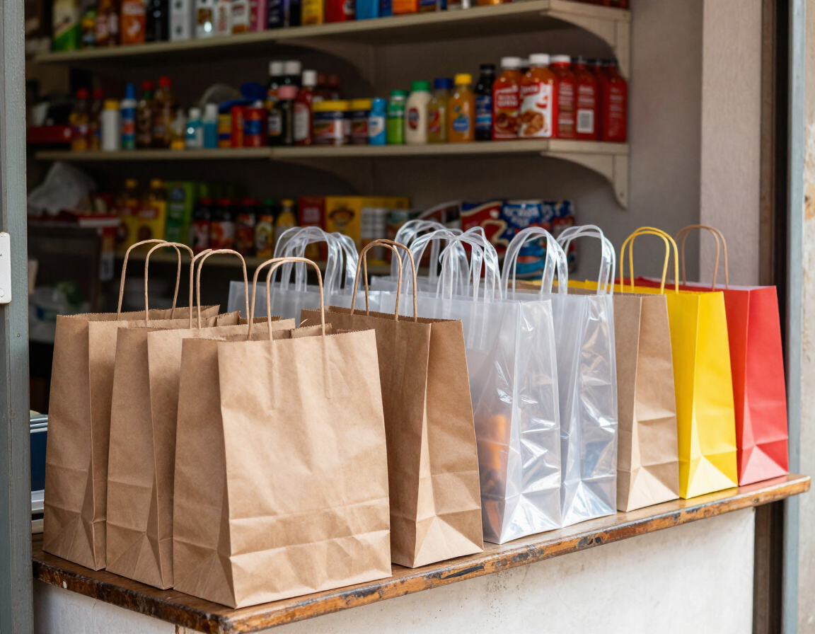 Bolsas de papel de colores alineadas sobre un mostrador en una tienda o despensa.