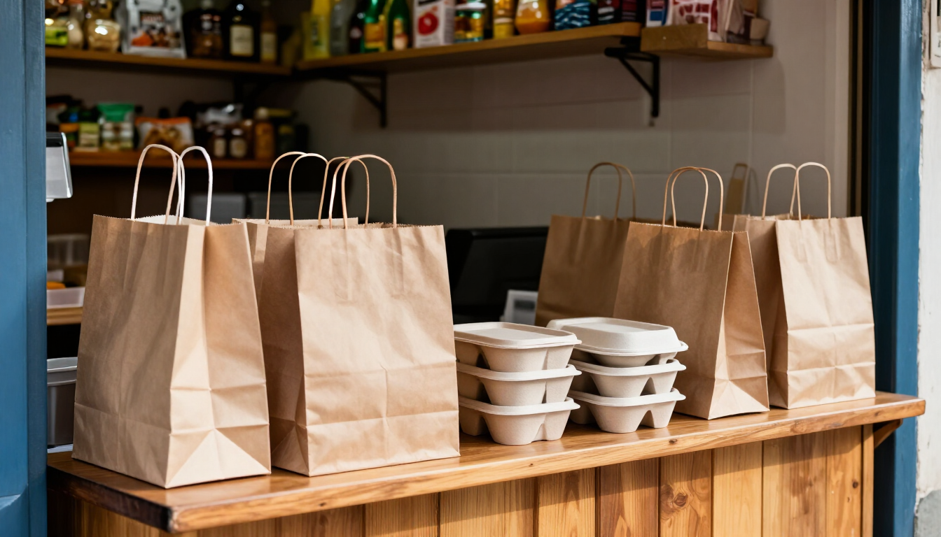 Bolsas de papel marrón para llevar y recipientes de comida apilados sobre un mostrador de madera en una tienda