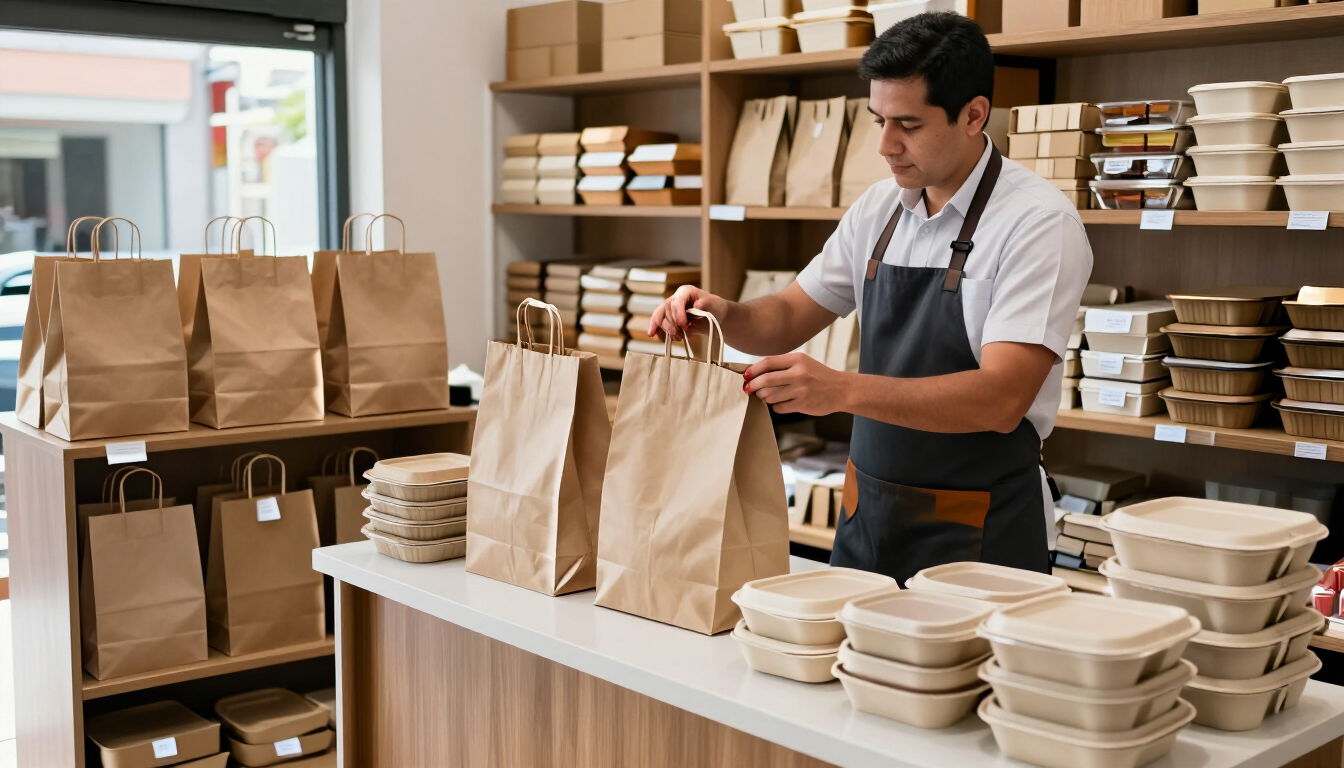 Un trabajador preparando pedidos para llevar en la cocina de un restaurante, con montones de recipientes marrones