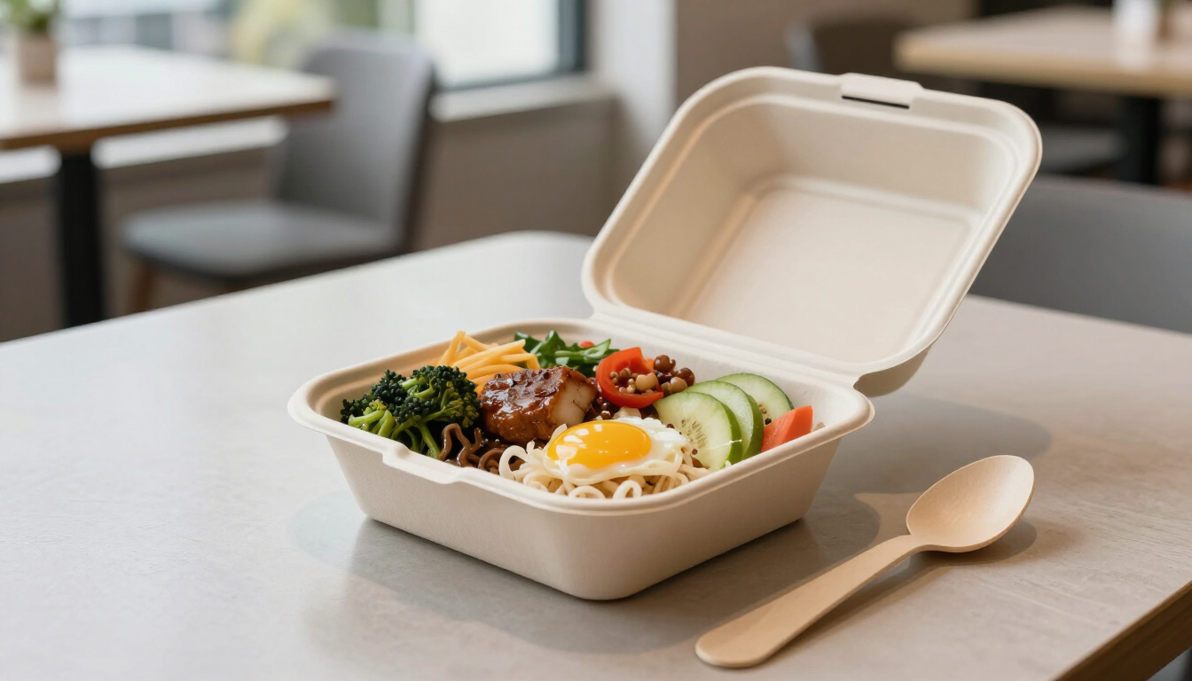 Envase de comida para llevar abierto, con arroz, verduras y huevo, sobre una mesa junto a una cuchara