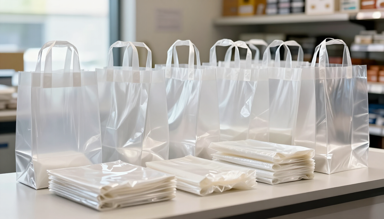 Bolsas transparentes de plástico para regalos y artículos envueltos dispuestos sobre una mesa en una habitación luminosa