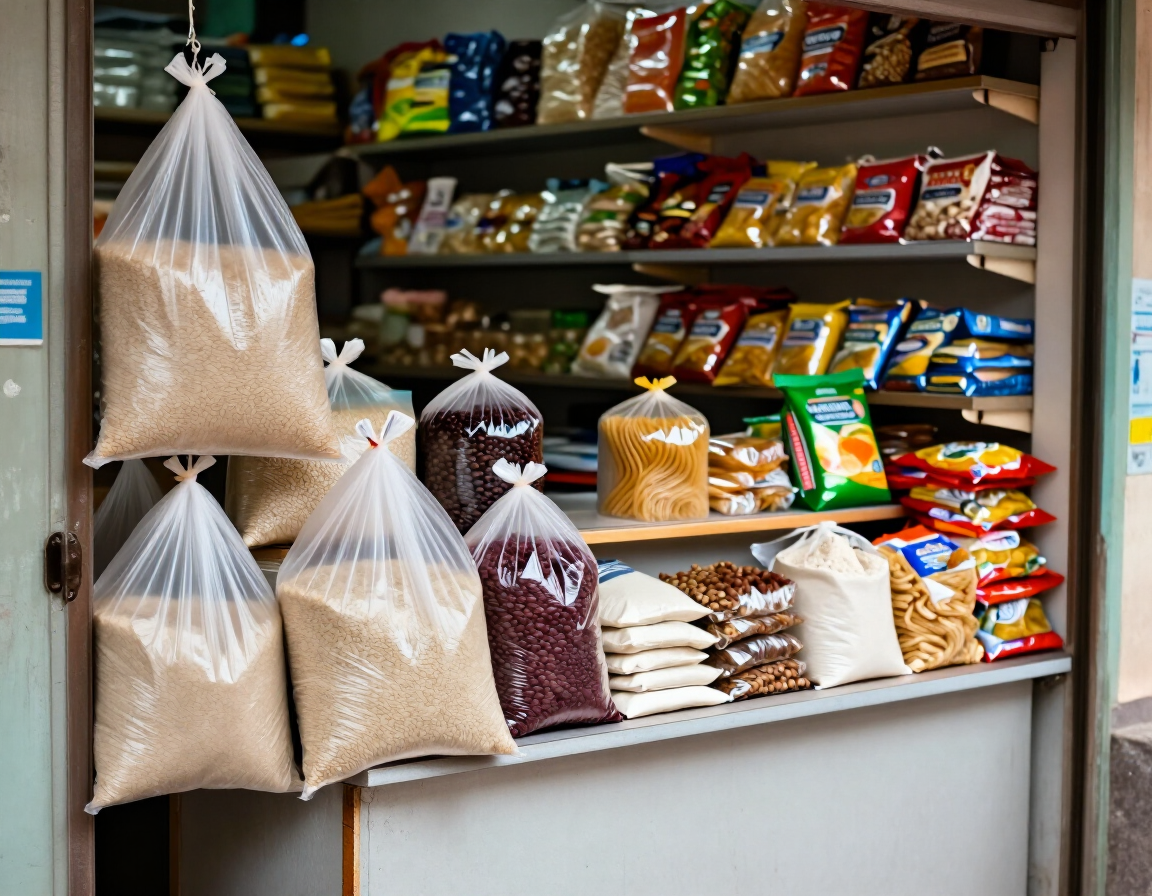 Estanterías abiertas de tienda con productos envasados de colores y grandes sacos transparentes de cereales delante