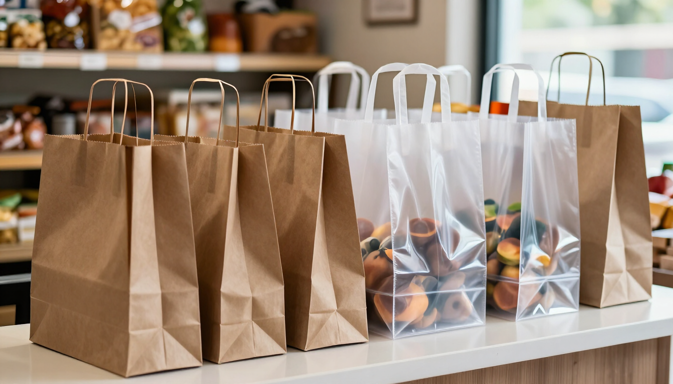 Bolsas de papel marrones y transparentes llenas de comestibles, alineadas sobre el mostrador de una tienda