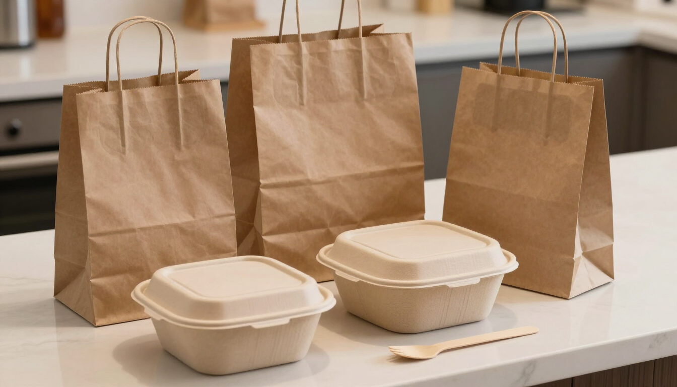 Tres bolsas marrones de papel para llevar detrás de dos recipientes de comida beige sobre una encimera