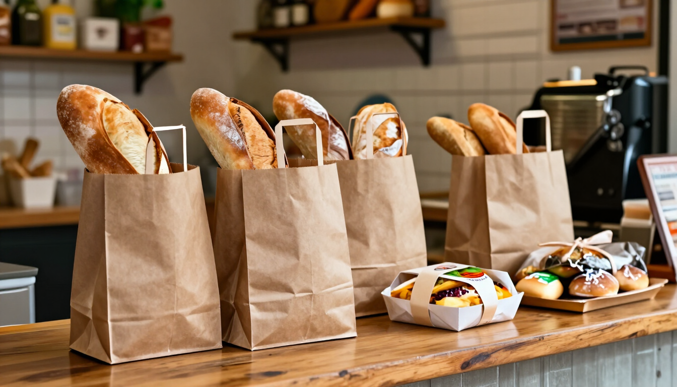 Baguettes en bolsas de papel marrón sobre el mostrador de una panadería, con pasteles y una máquina de café detrás