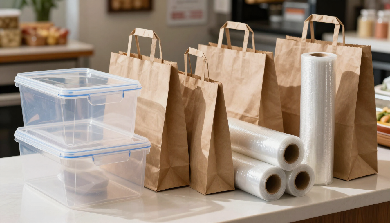 Bolsas de papel reutilizables, recipientes de plástico transparente y rollos de papel de cocina sobre una mesa en una tienda