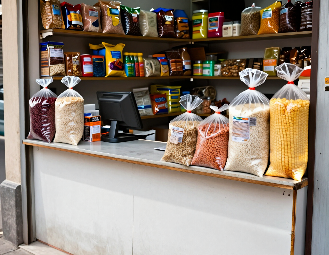 Puesto de mercado con grandes sacos de cereales y estantes con productos envasados