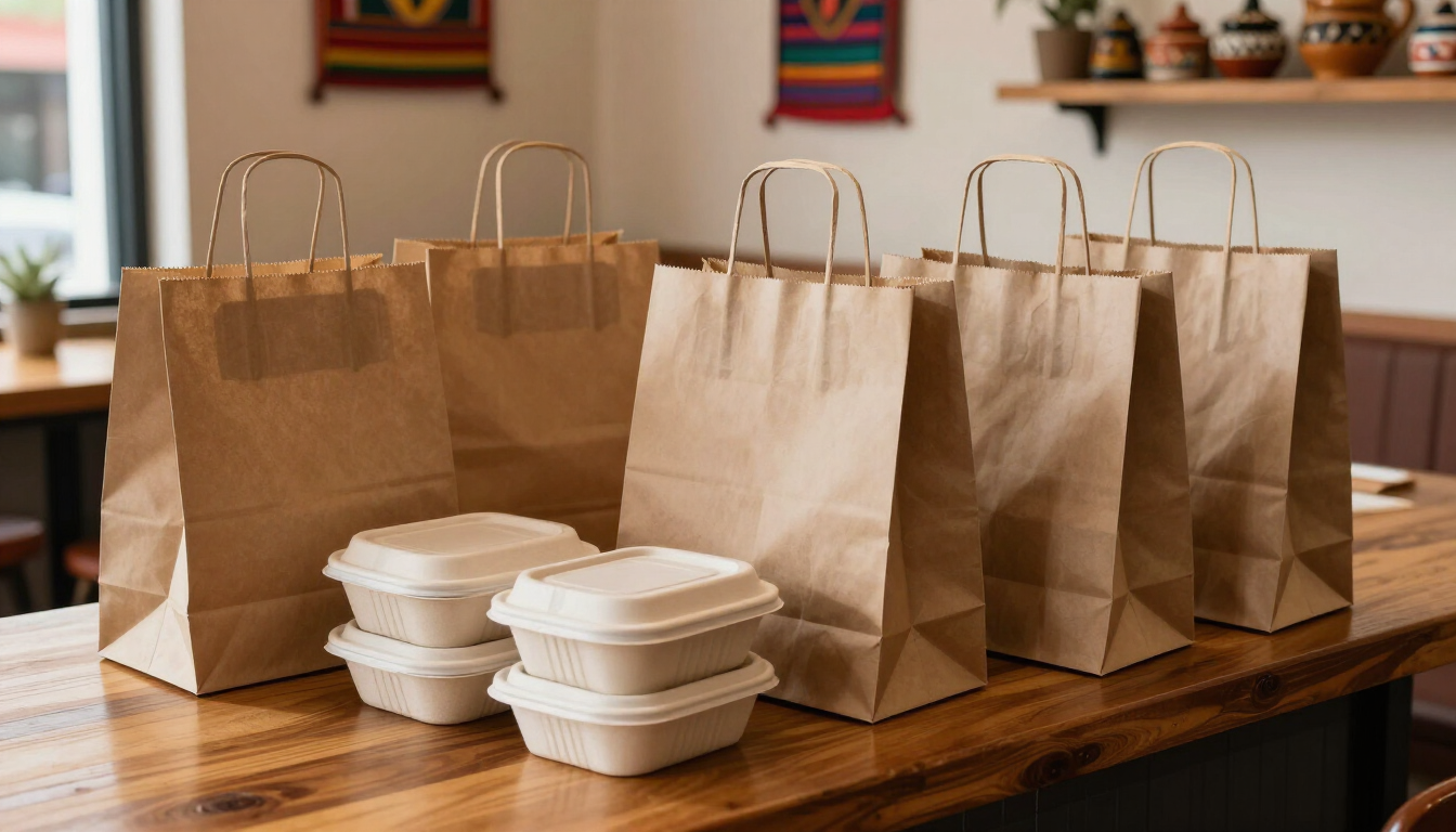 Bolsas de comida para llevar marrones y blancas con recipientes de comida apilados sobre una mesa de madera en un comedor.