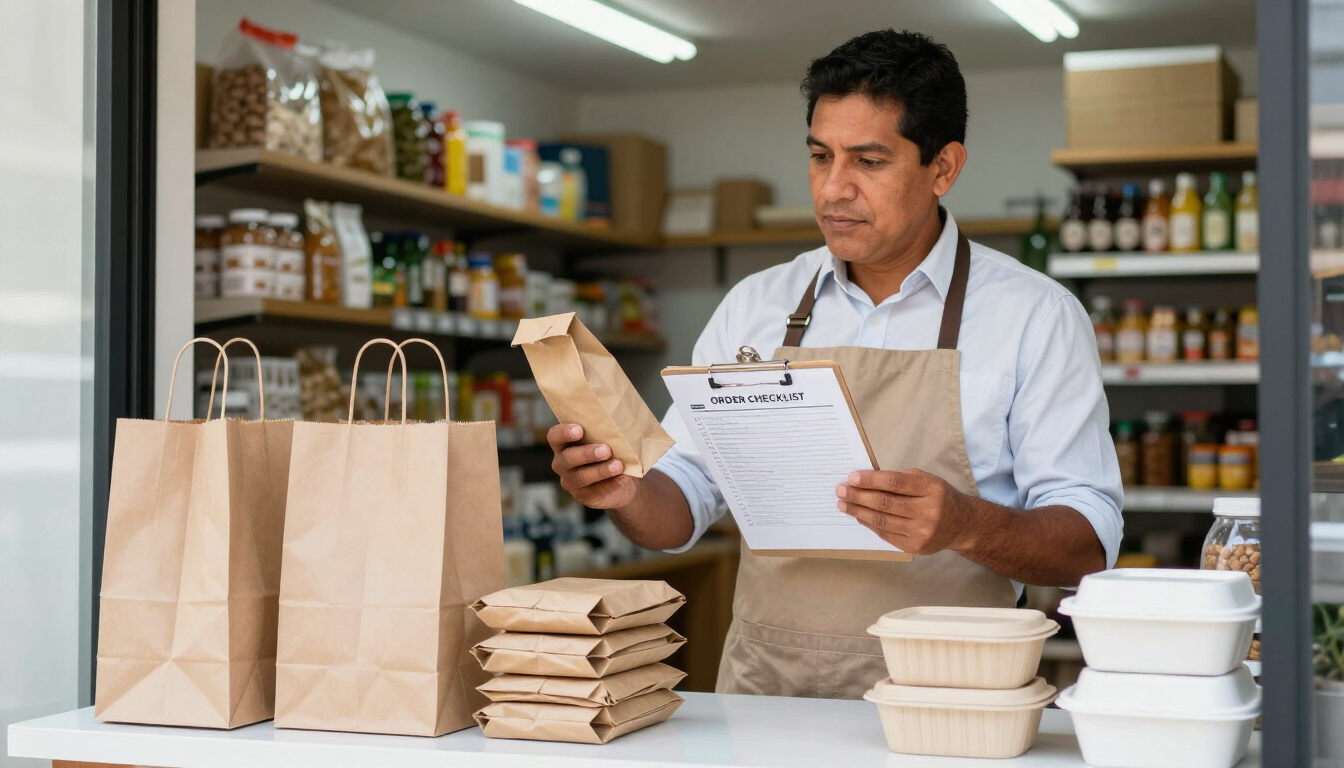 El dueño de la tienda revisa una etiqueta detrás del mostrador, junto a bolsas para llevar y recipientes de comida apilados