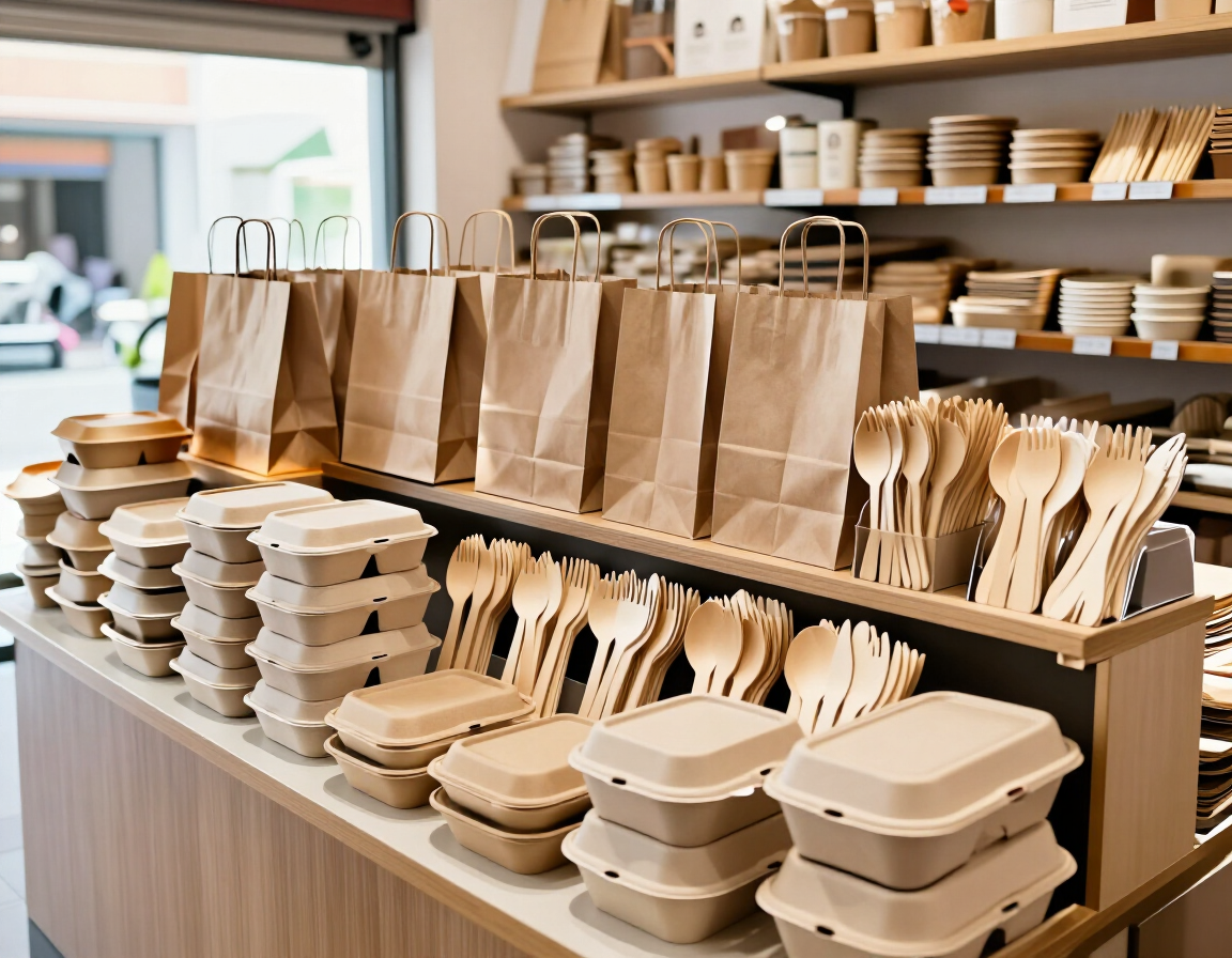 Envases reutilizables para llevar, bolsas de papel y utensilios de madera exhibidos en el mostrador de una cafetería