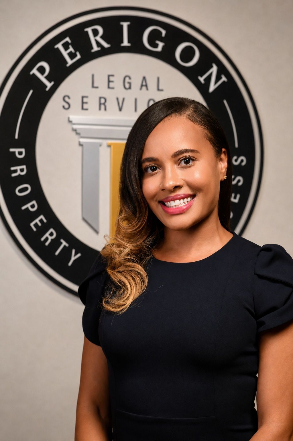 Smiling woman in a black dress standing in front of a Perigon Legal Services logo sign