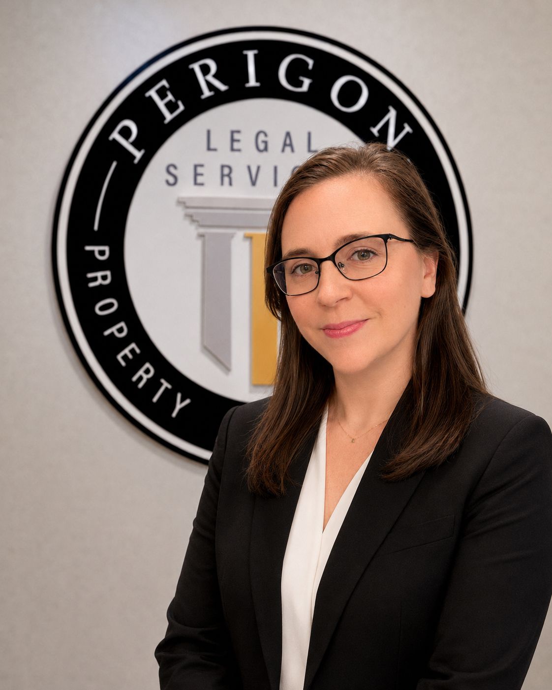 Professional woman in glasses stands before a Perrigon Legal Services sign in an office setting