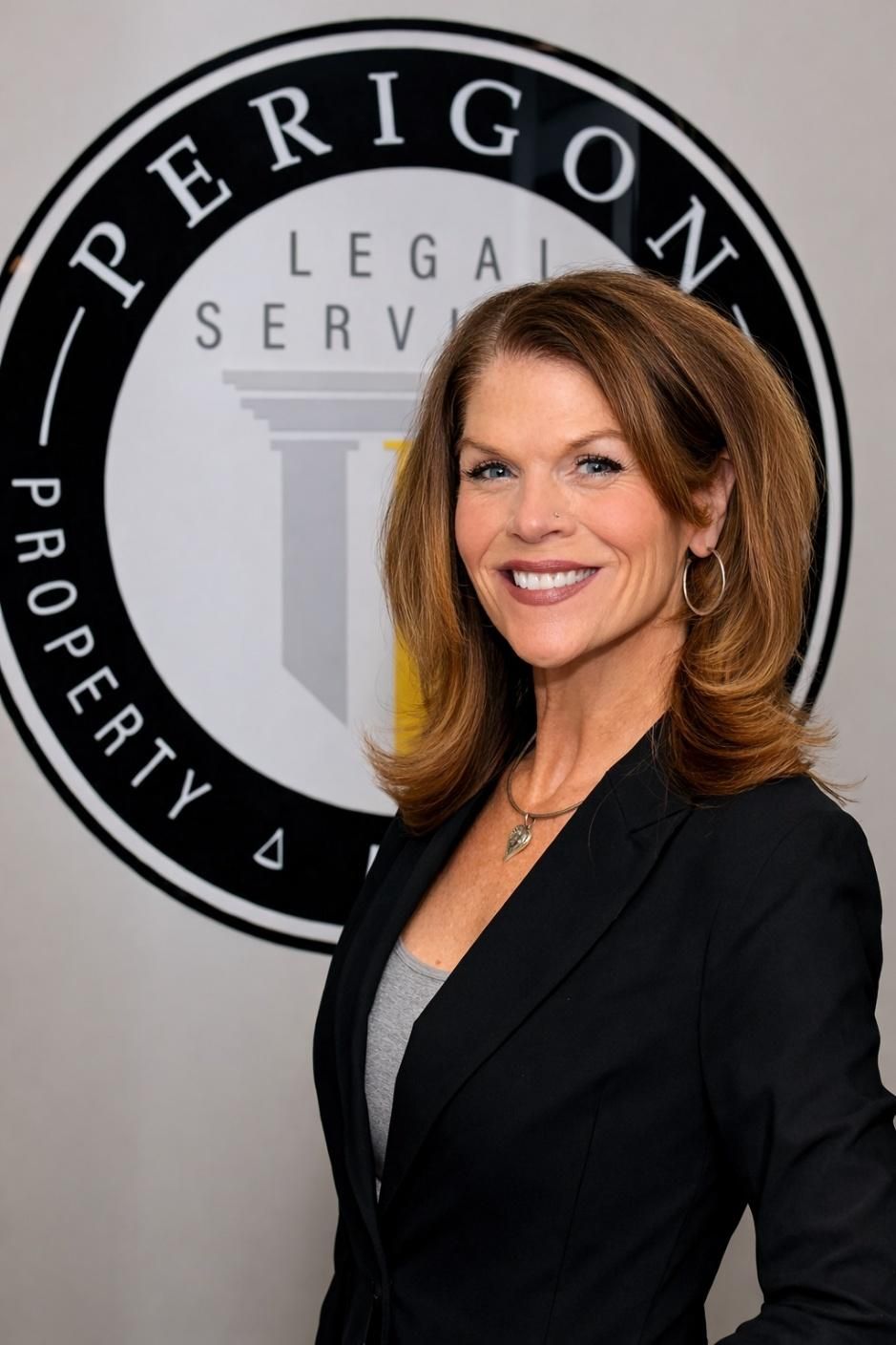 Woman in black blazer standing before a Perigon Legal Services logo wall, smiling at the camera