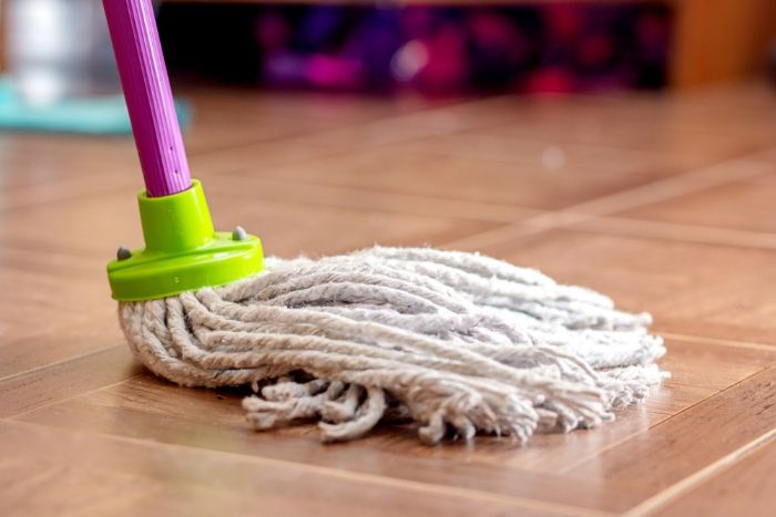 A Mop With a Purple Handle is Sitting on a Wooden Floor — Lease Clean Newcastle in Toronto, NSW