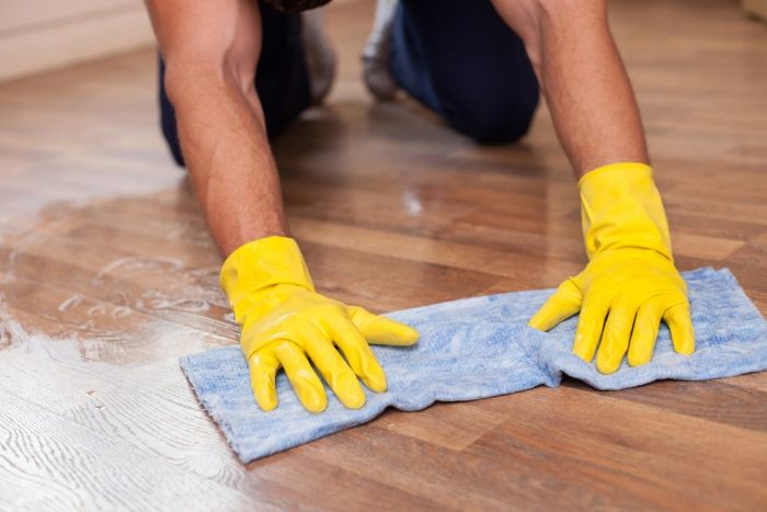 A Person is Cleaning a Wooden Floor With a Rug — Lease Clean Newcastle in Maitland, NSW