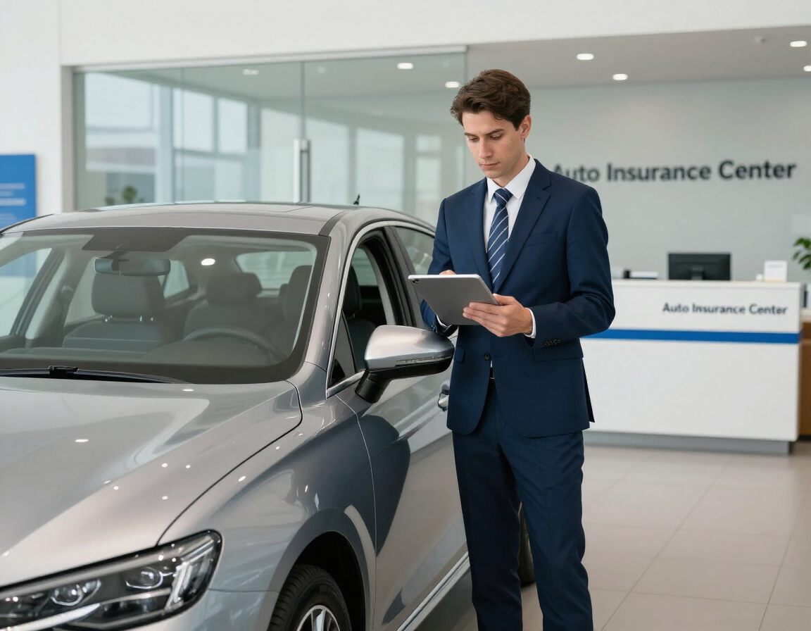 Un hombre con traje azul marino revisa documentos junto a un coche gris en una oficina de seguros.