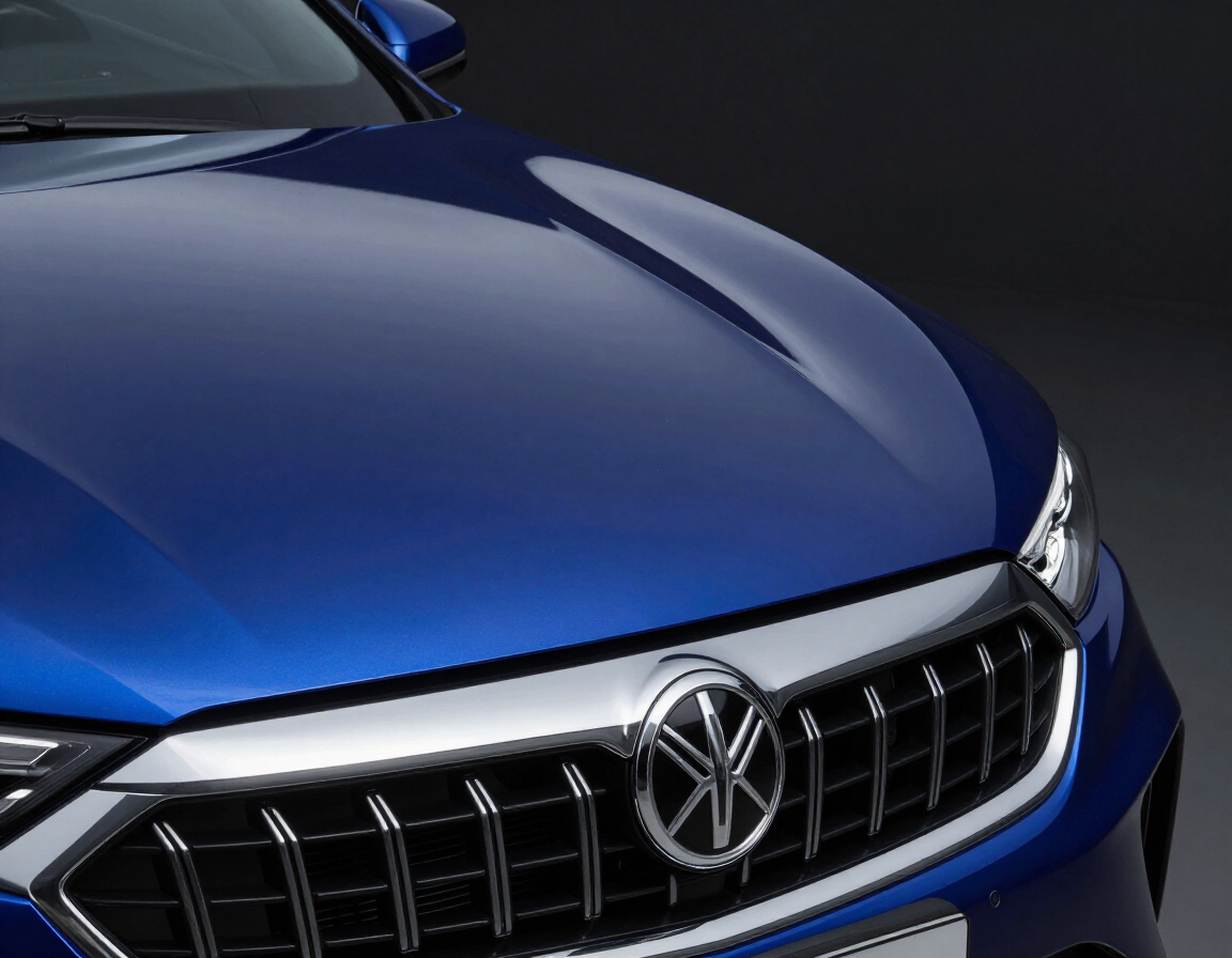 Primer plano del capó y la parrilla delantera de un Volkswagen azul con emblema.