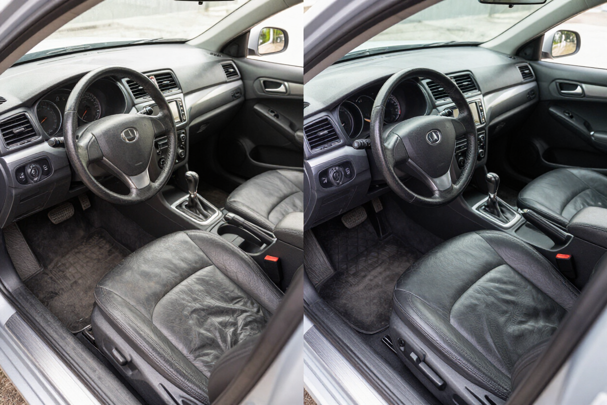 Interior del coche con vista dividida, asientos, volante, salpicadero y consola central de cuero negro.