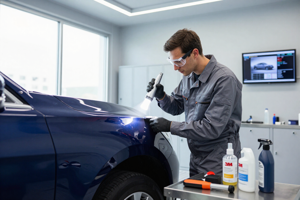Técnico inspeccionando un coche azul en un taller de reparación de carrocerías muy iluminado.
