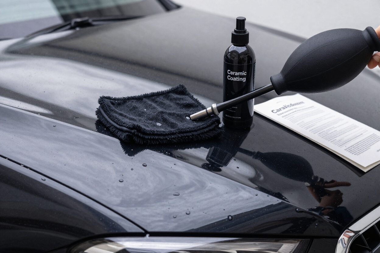 Se está puliendo el capó negro de un coche con un pañ
