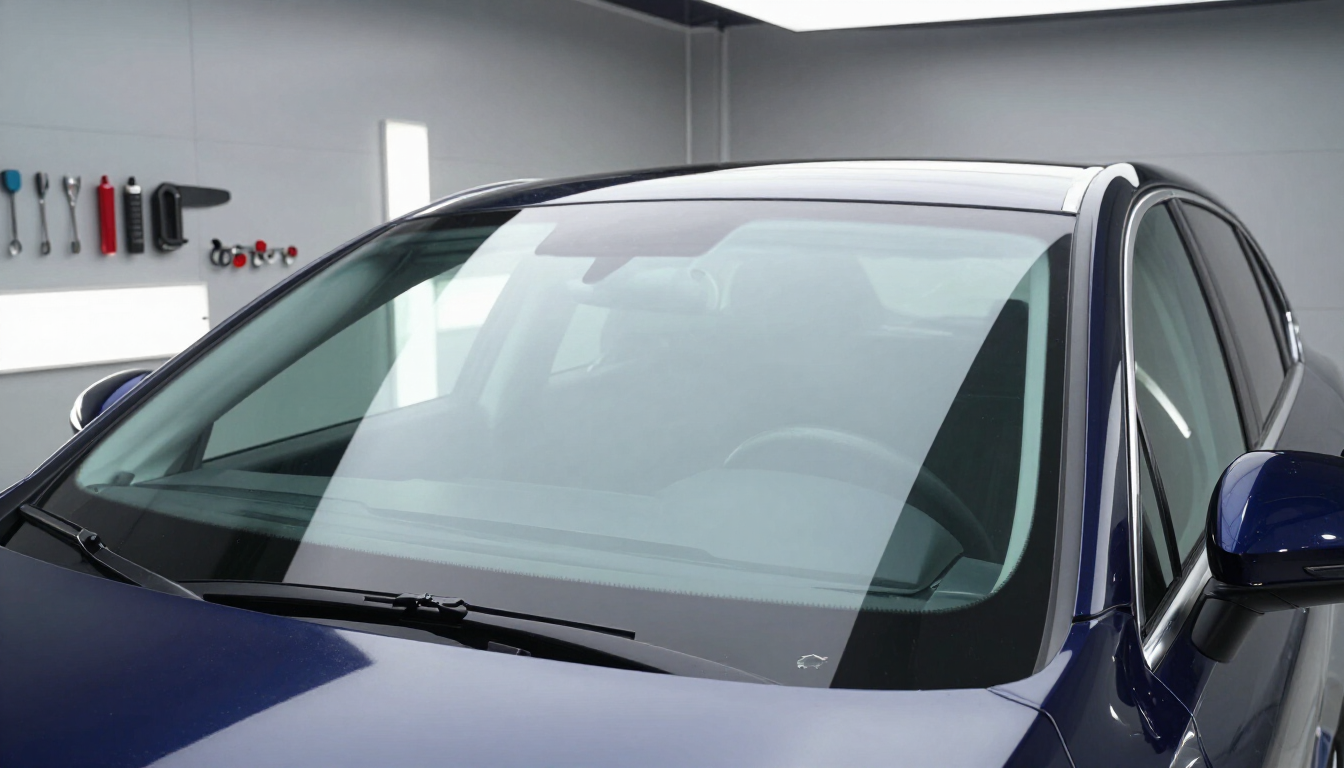 Coche azul aparcado en el interior de un garaje; se ven el parabrisas delantero y el techo.