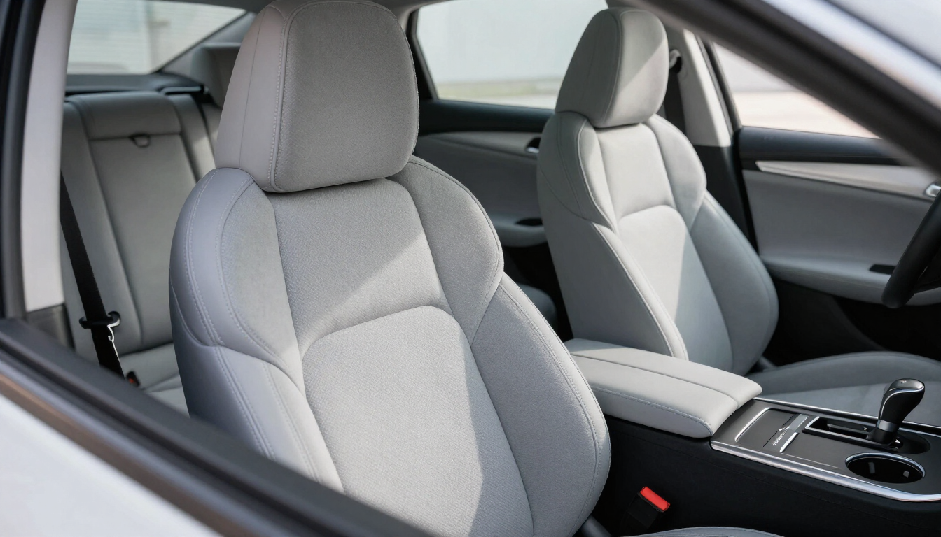 Interior de coche gris claro con dos asientos delanteros y una consola central.
