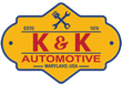K & K Automotive logo. Yellow and blue emblem with text and crossed tools. "Maryland, USA" is indicated.
