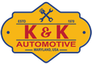 K & K Automotive logo. Yellow and blue emblem with text and crossed tools. "Maryland, USA" is indicated.