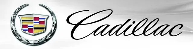 Cadillac logo with crest emblem and cursive wordmark on a white background