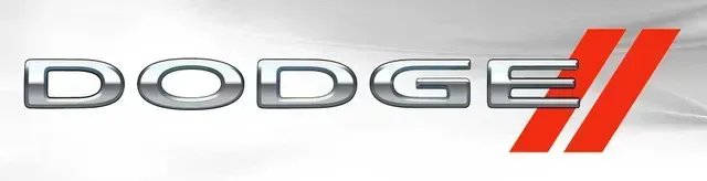 Dodge logo in silver with two red slashes on a white background
