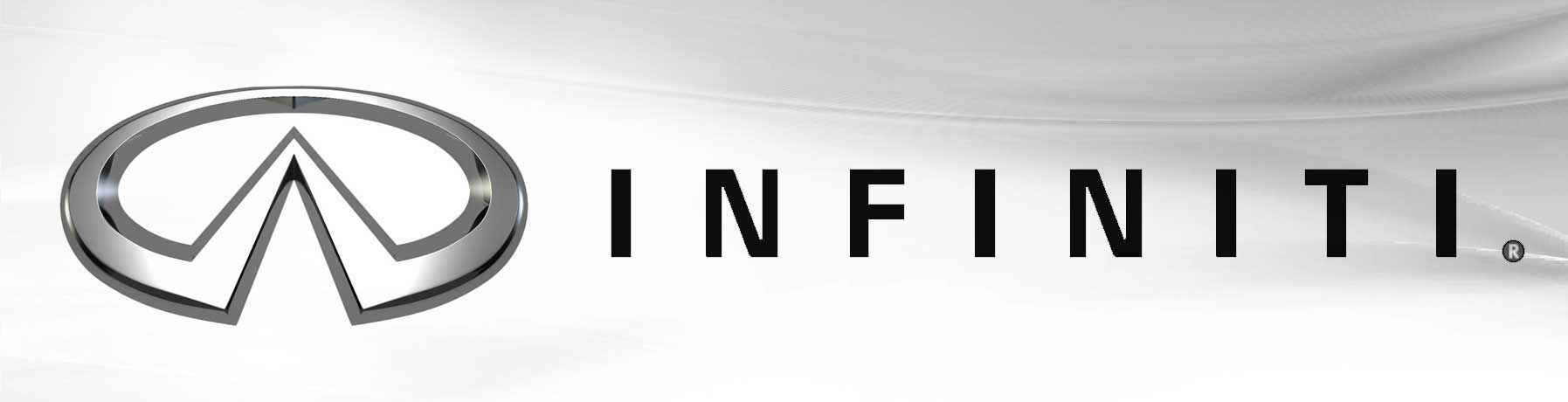 Infiniti logo in black text with silver emblem on a white background