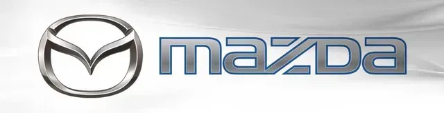Mazda logo in silver and blue on a white background