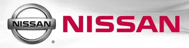 Nissan logo with silver emblem and red wordmark on a white background