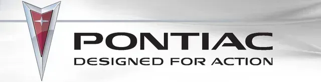 Pontiac logo with silver-red emblem and “Designed for Action” slogan on white background
