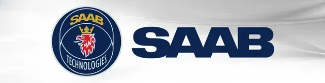 SAAB logo in dark blue beside a circular Saab Technology emblem on a white background