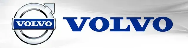 Volvo logo with blue text and silver emblem on a white background