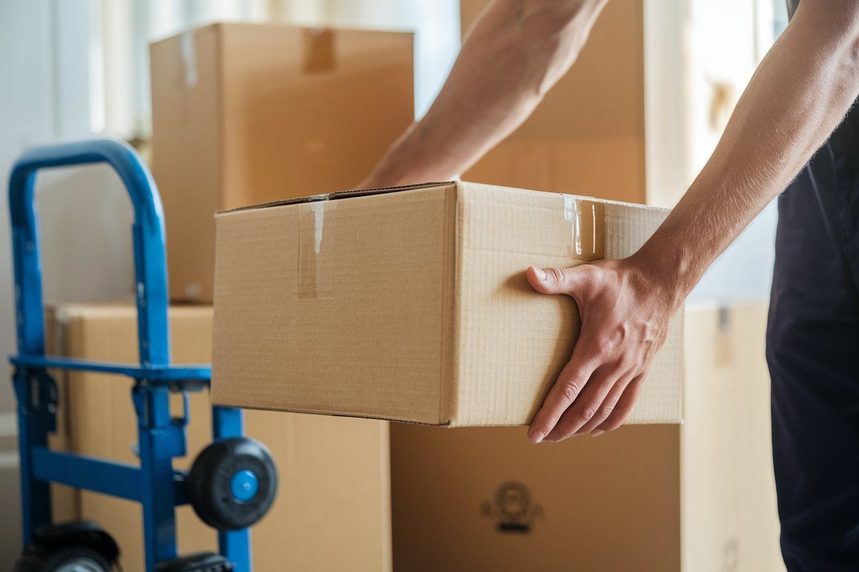 Modern living room on moving day, with neatly stacked cardboard boxes of various sizes and labels.