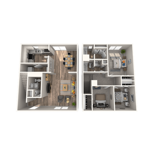 Floor plan of a two-story house. Kitchen, dining, living room, laundry, and stairs. Brown, beige and white color scheme.