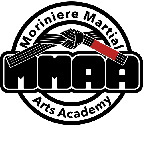 A martial arts academy logo with a black belt and a red belt.