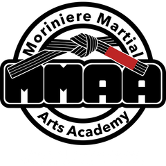 A martial arts academy logo with a black belt and a red belt.