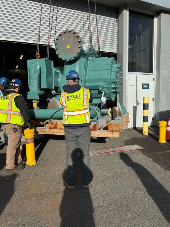 Construction workers moving a large green machine outside a building with yellow bollards