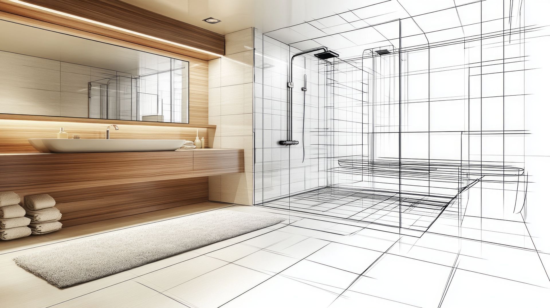 Salle de bain moderne avec vanité en bois et douche, à moitié rendue.