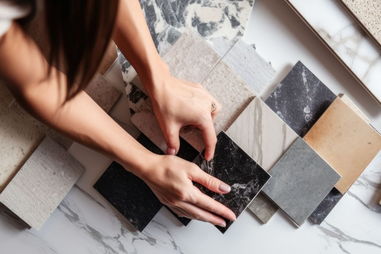 Salon moderne avec mur TV en marbre, étagères intégrées avec livres et barre de son noire.