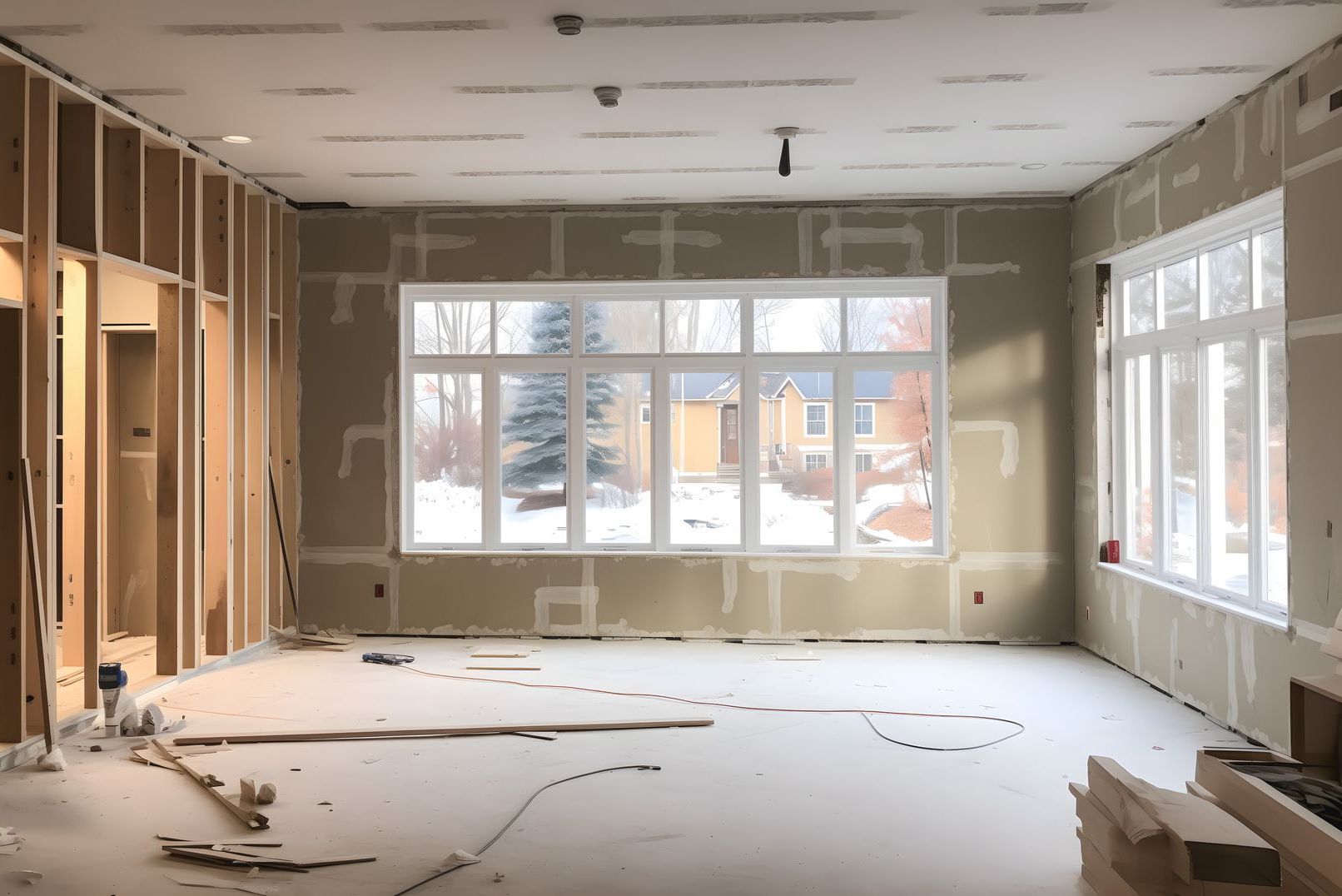 Intérieur d'une pièce en construction, avec charpente apparente, cloisons sèches et fenêtres donnant sur un paysage enneigé.
