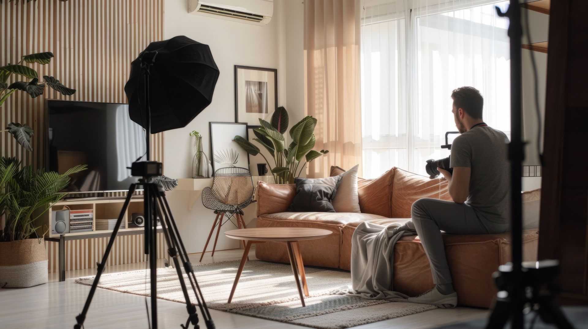 Photographe filmant dans un salon avec un éclairage softbox, un canapé et des plantes.