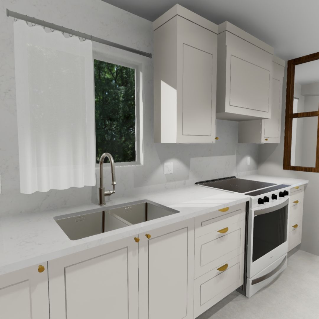 Cuisine blanche avec fenêtre, armoires, évier et cuisinière.