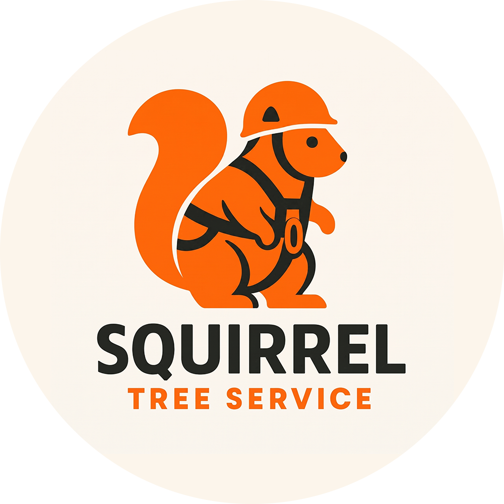 Orange squirrel logo with helmet above &ldquo;SQUIRREL TREE SERVICE&rdquo; text