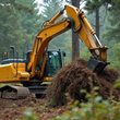 Yellow excavator clearing a pile of roots in a wooded area