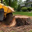 Yellow stump grinder cutting a tree stump in a suburban yard