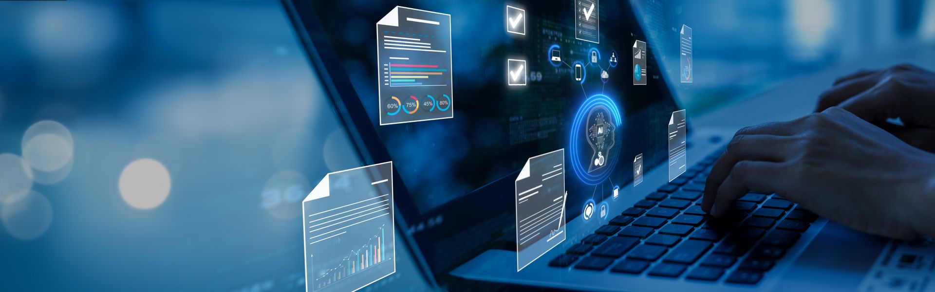 Hands typing on a laptop with digital files and interface elements overlaid on the screen in a blue-toned environment.